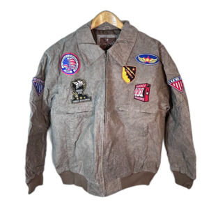 VTG Y2K Caribou Creek Mens Brown Leather Bomber Jacket With Military Patches 3XL